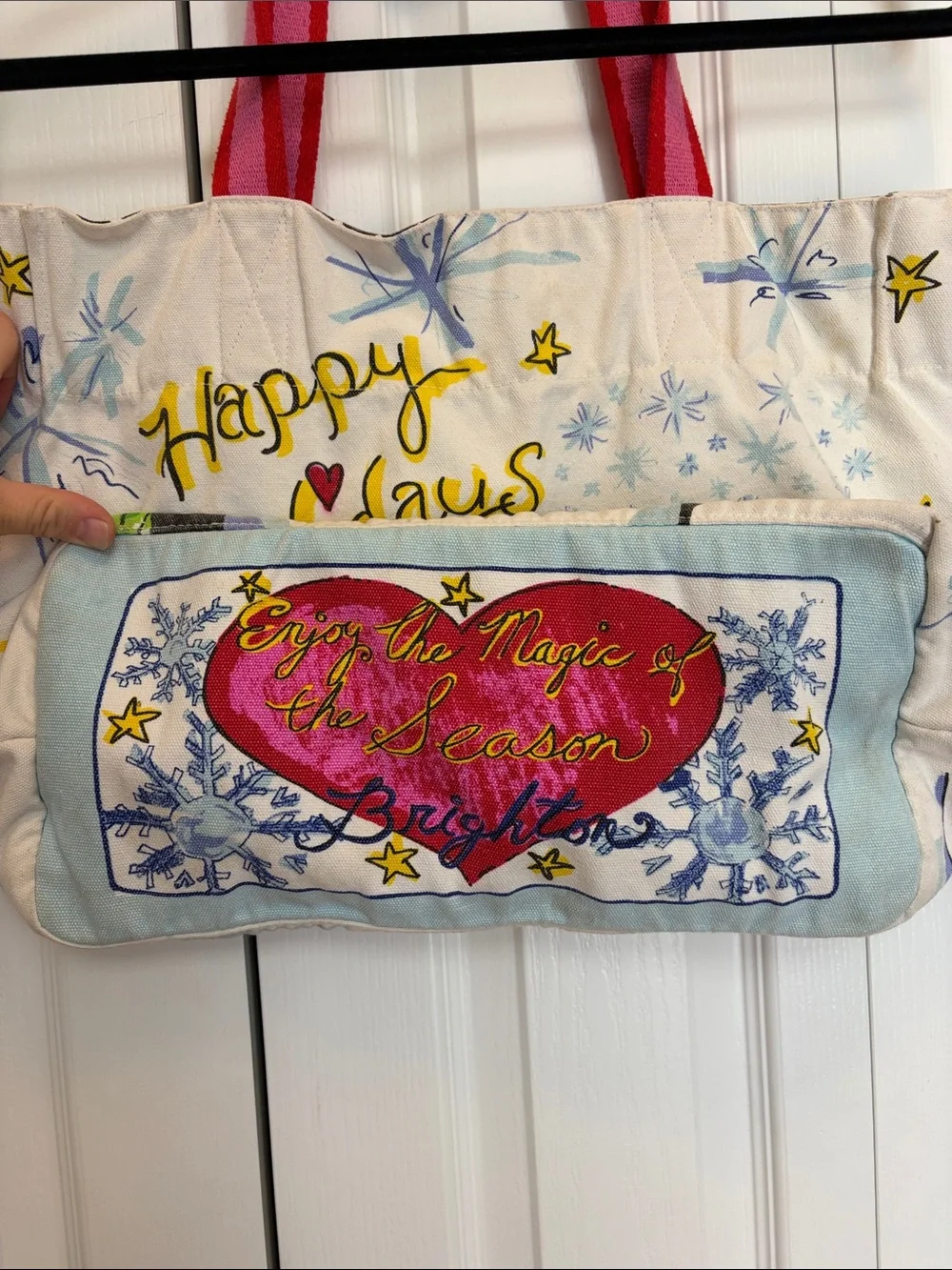 Brighton Happy Holidays Snow Snowman Canvas Tote with Pink Straps